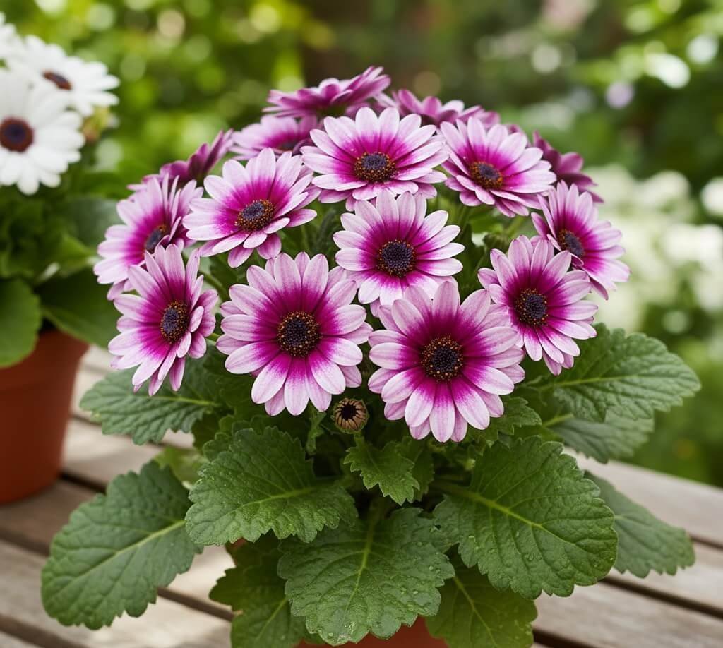 Ryškiaspalviai, į ramunes panašūs cinerarijos žiedai (Pericallis × hybrida)