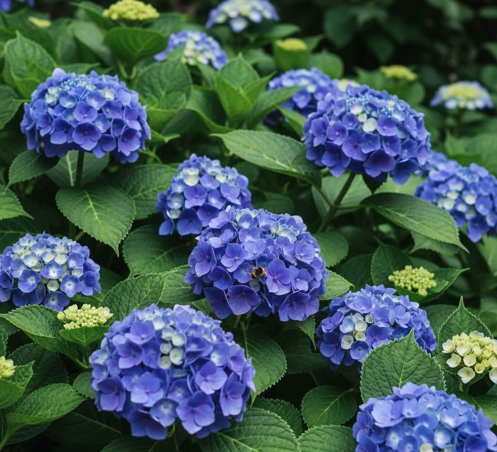 Didelis, mėlynas hortenzijos 'Nikko Blue' žiedynas