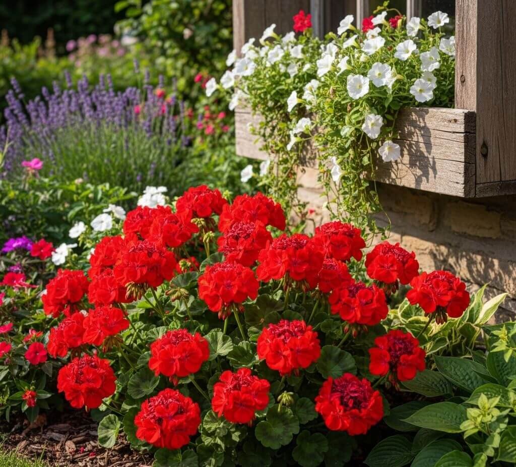 Ryškiai raudoni pelargonijos žiedai