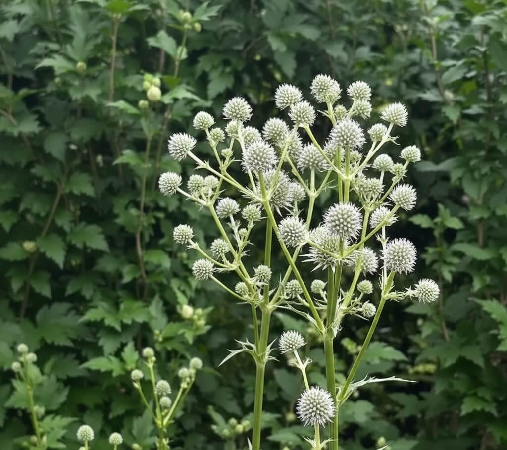 Rutuliškas, pilkšvai baltas jukalapės zundos žiedynas