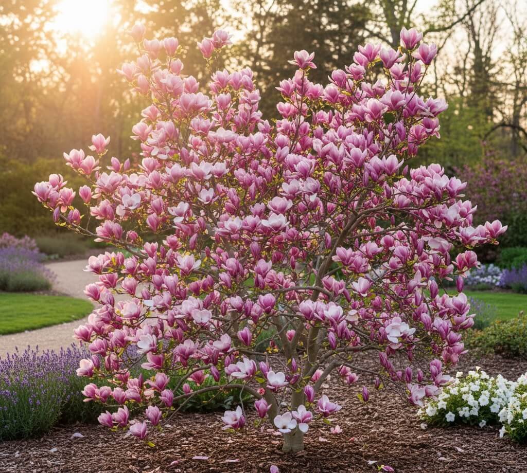 Purpurinės-rausvos spalvos, tulpės formos magnolijos 'Susan' žiedai