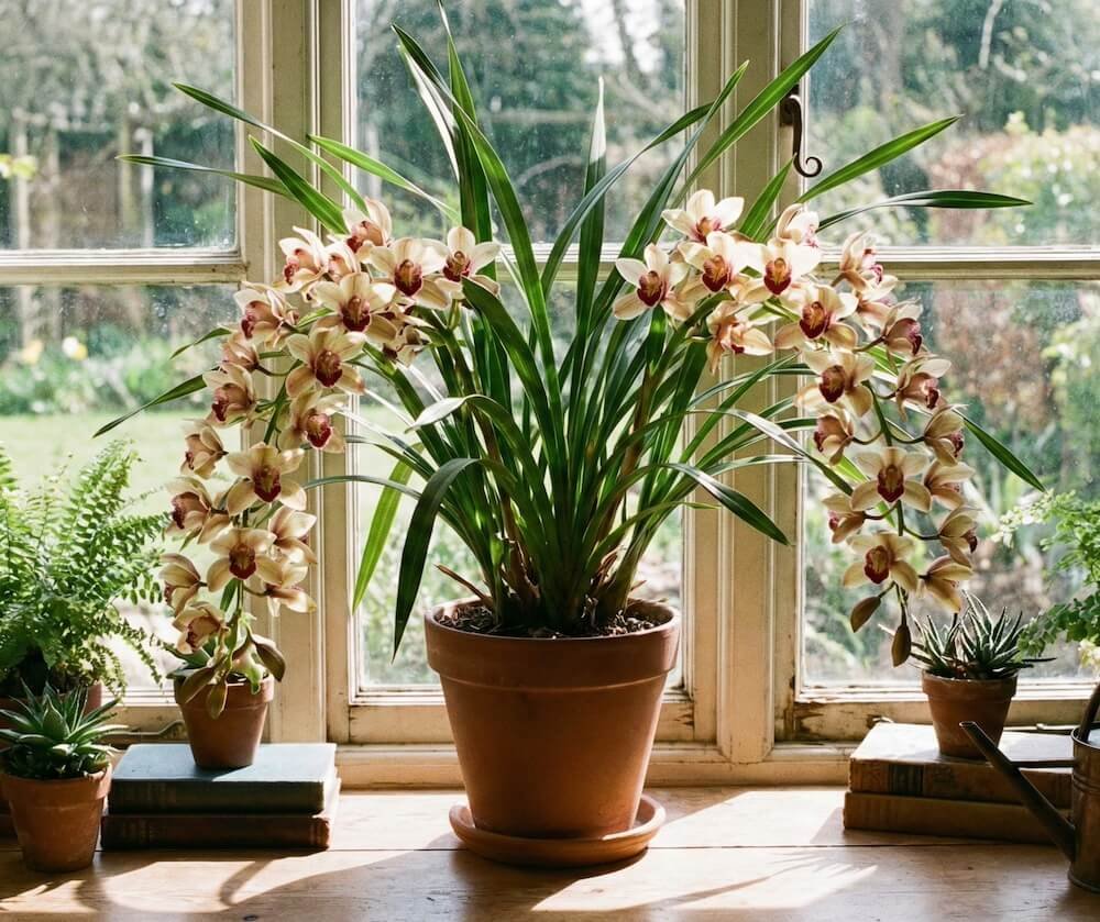 Geltonų cimbidžio orchidėjos žiedų kekė