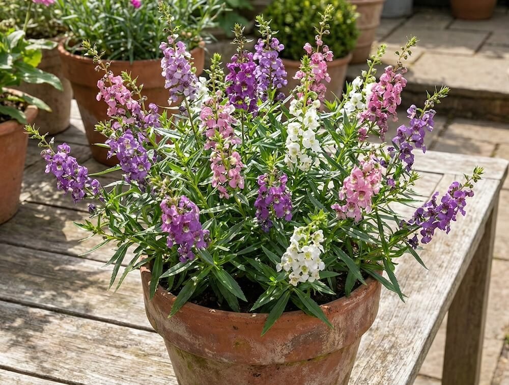 Mėlyni ir rožiniai angelonijos žiedynai