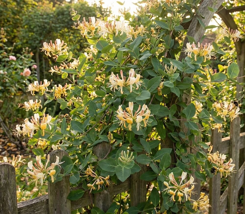 Kreminiai ir purpuriniai vijoklinio sausmedžio žiedai