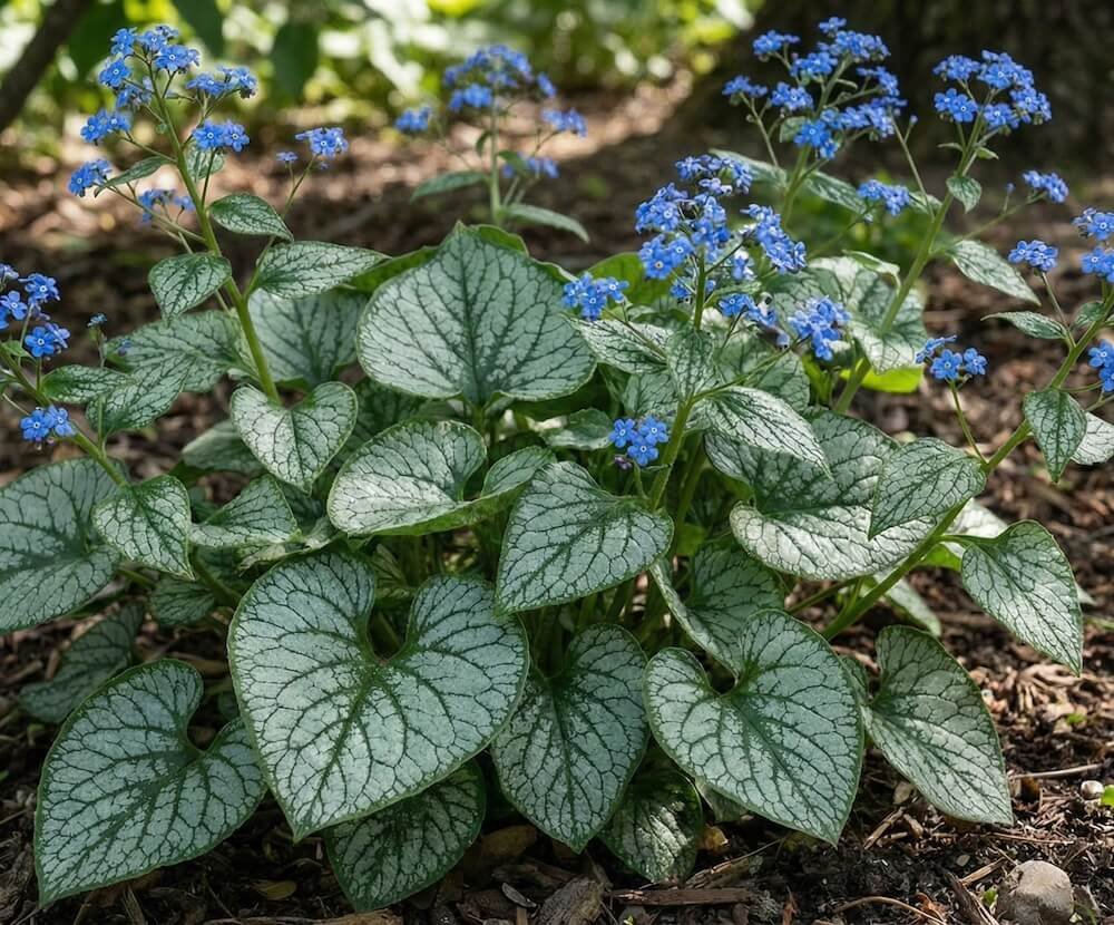 Smulkūs, mėlyni didžialapės bruneros žiedai
