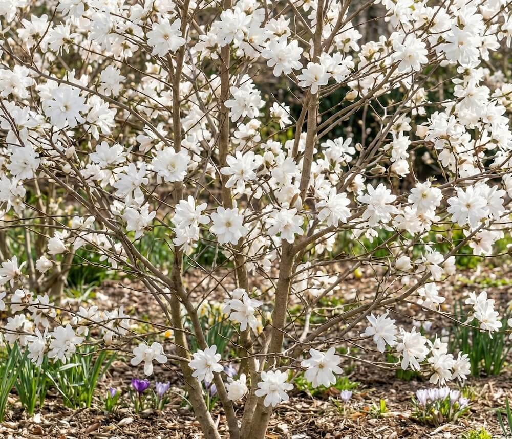 Baltas, pilnaviduris magnolijos 'Mag's Pirouette' žiedas