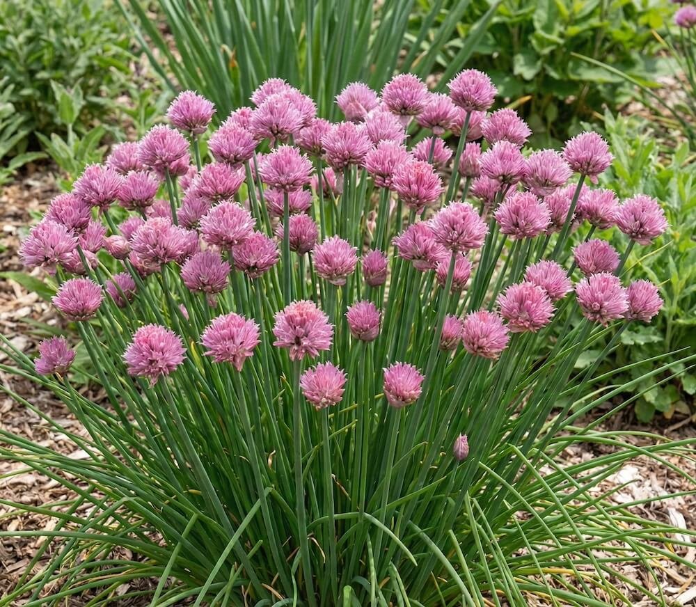 Ryškiai rožiniai laiškinio česnako 'Forescate' žiedai