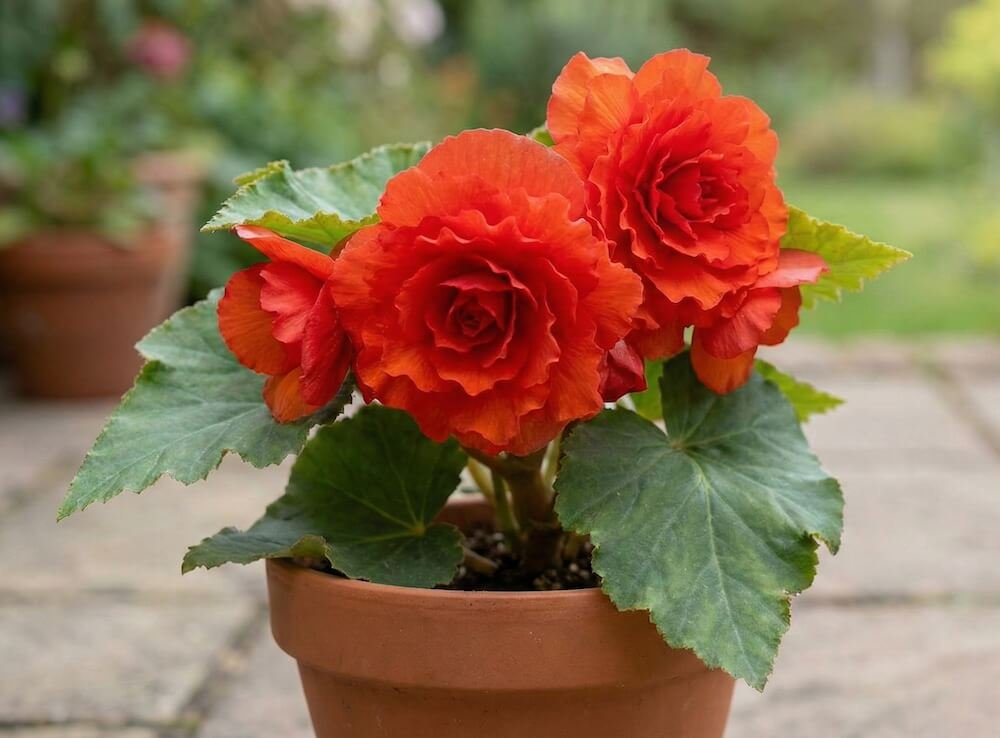 Didelis, raudonas, pilnaviduris gumbinės begonijos žiedas