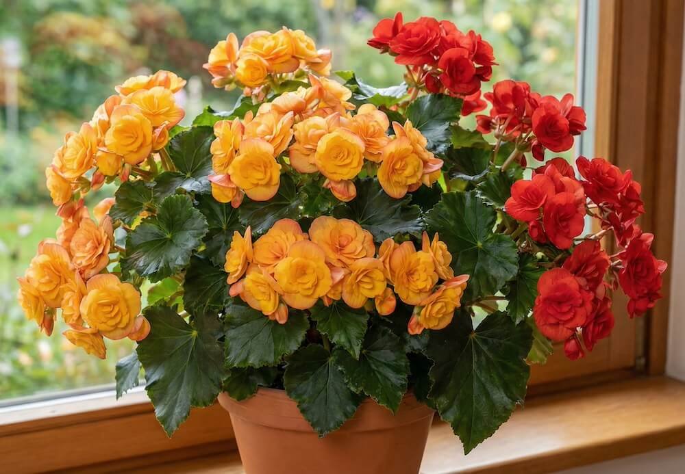 Dideli, raudoni, pilnaviduriai Elatior begonijos žiedai