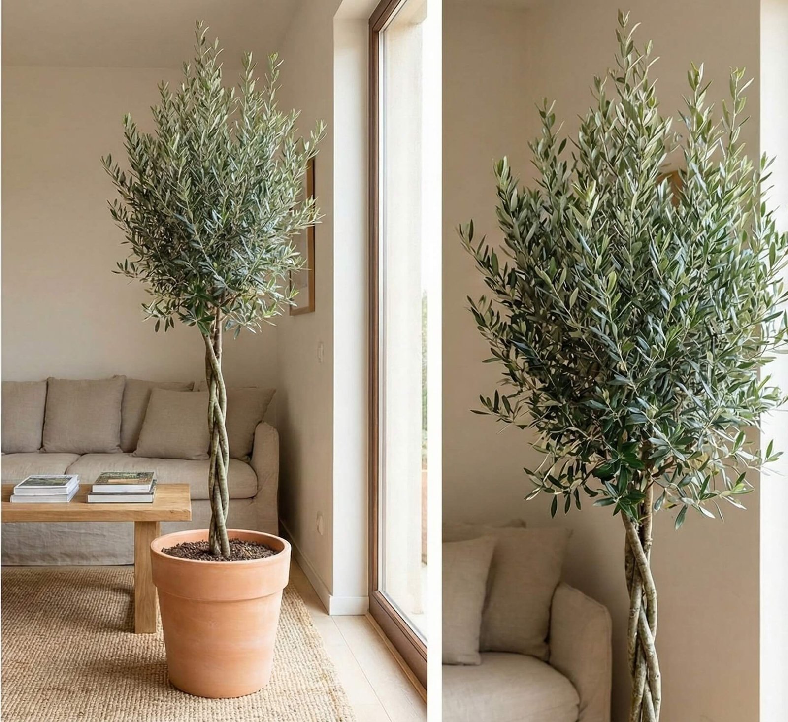 Alyvmedis su sidabriškais lapais dideliame vazone