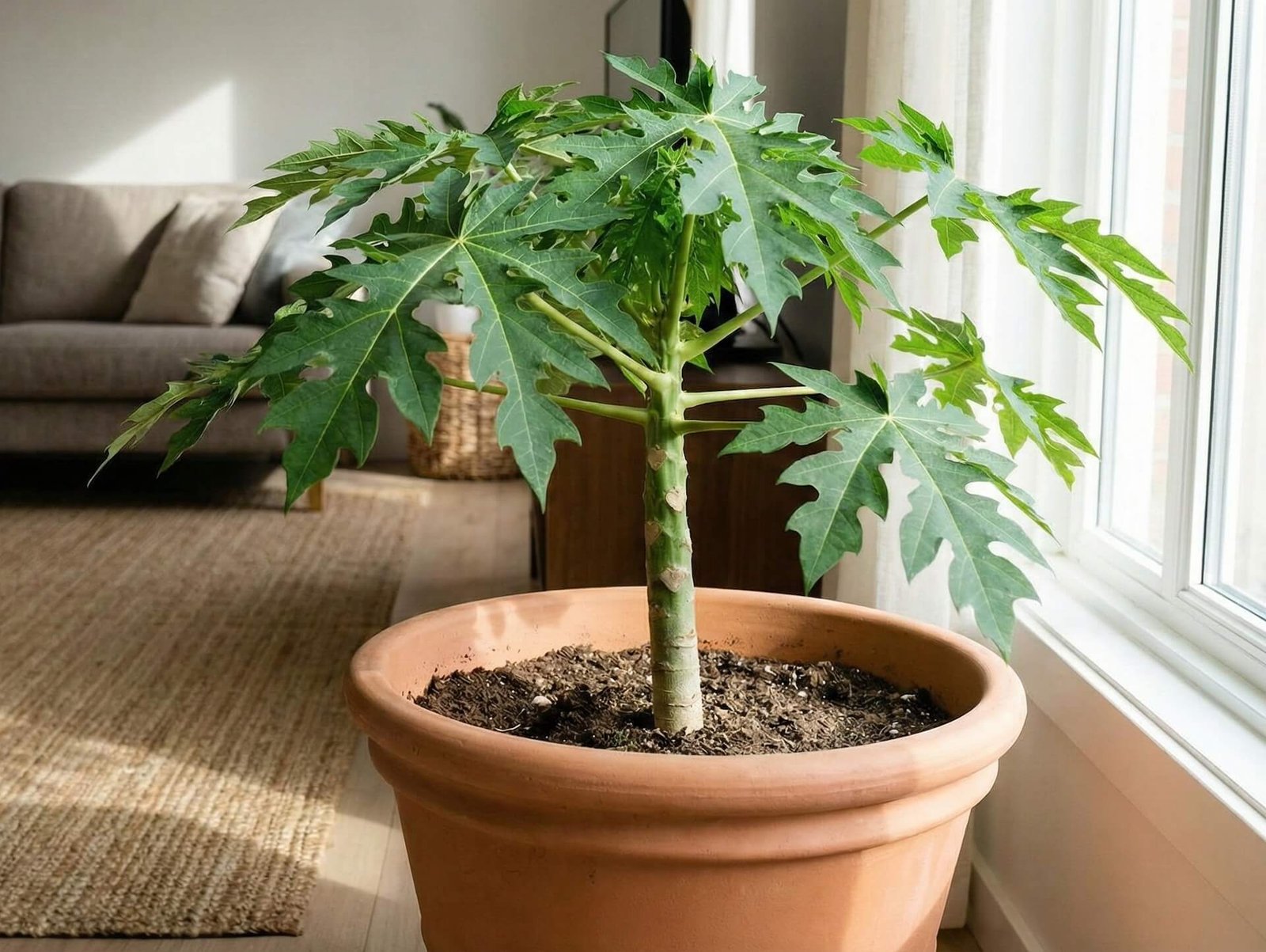 Jaunas melionmedis vazone su dideliais lapais