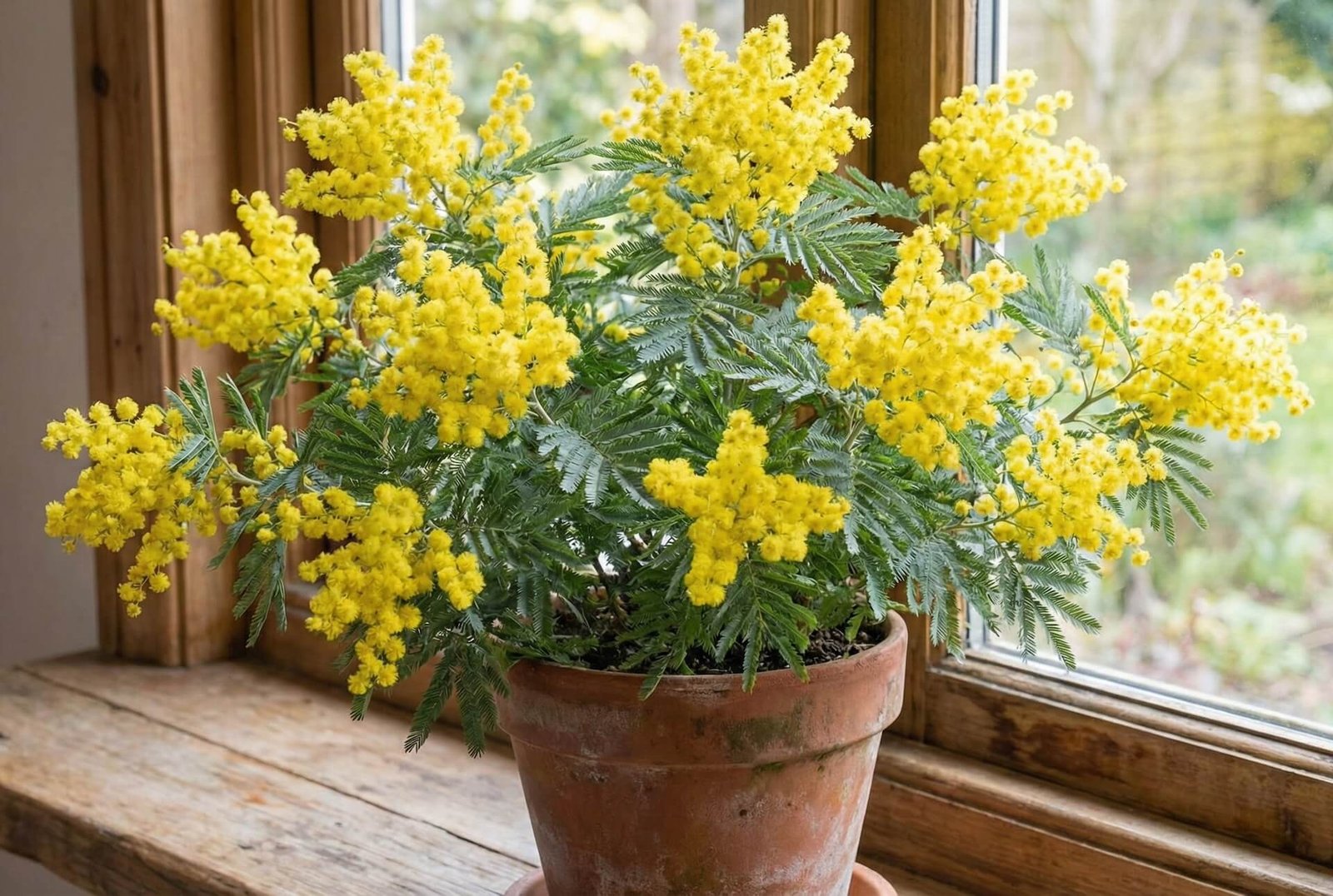 Geltoni, purūs mimozos (Acacia dealbata) žiedai