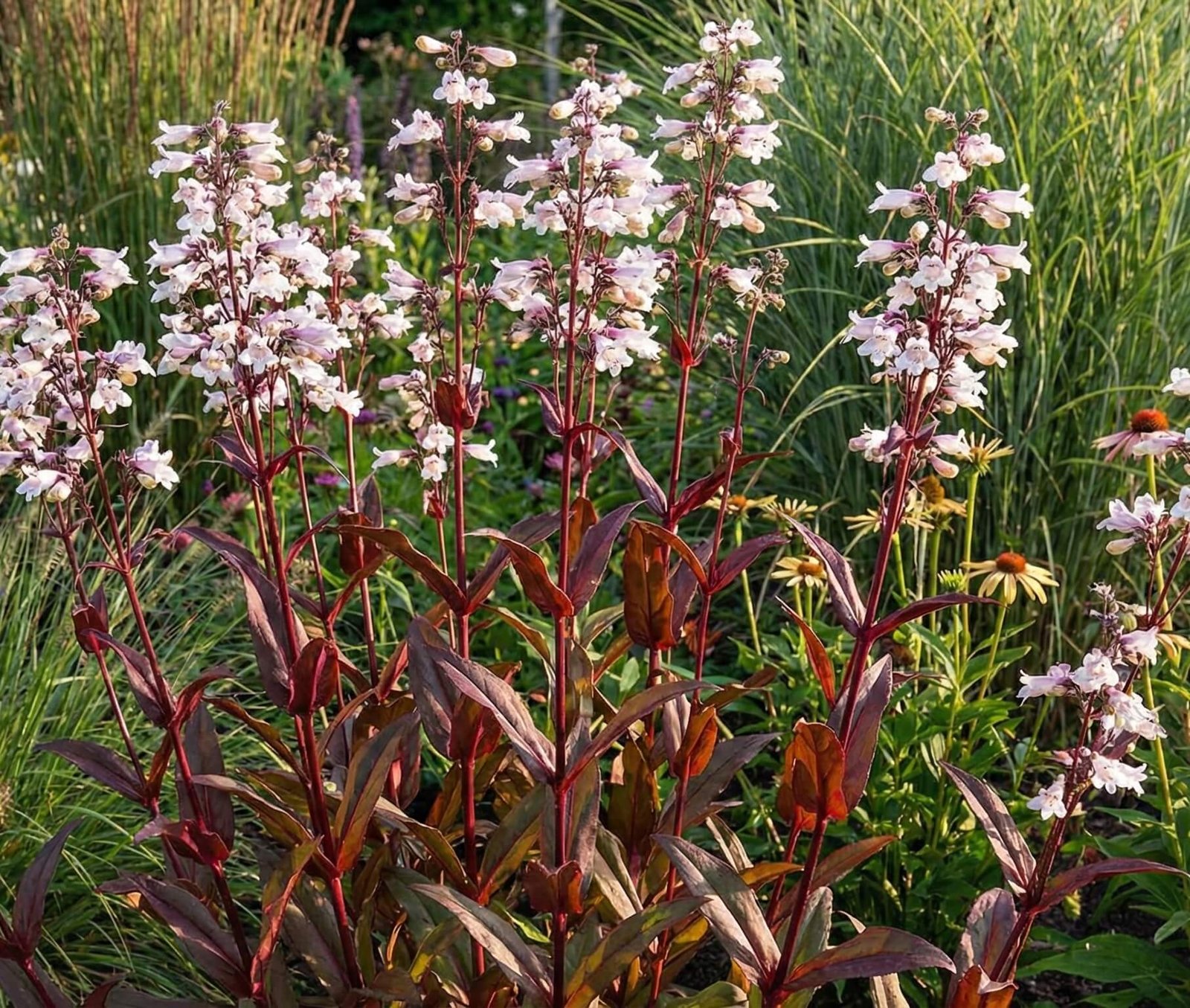 penstemono 'Husker Red' žiedai ir tamsūs purpuriniai lapai