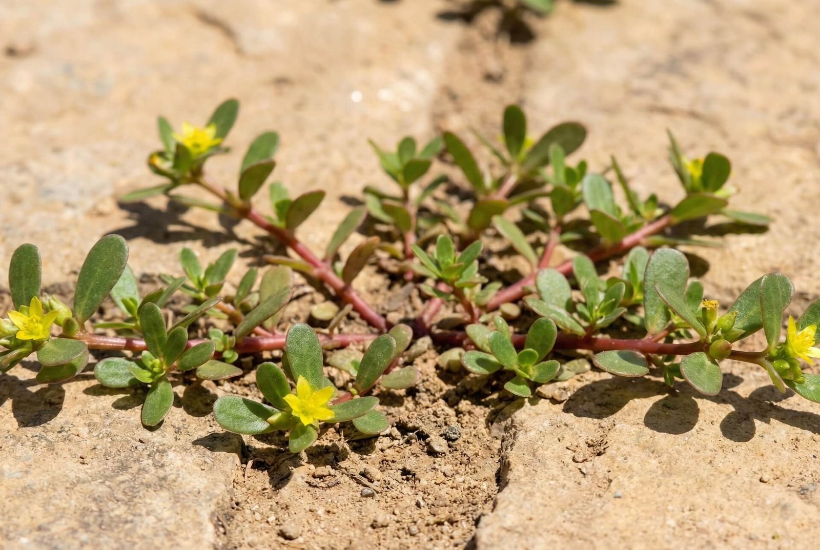 Mėsingi portulakos lapeliai ir geltoni žiedai