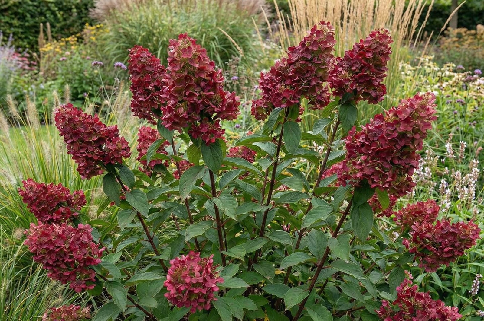 Raudonas hortenzijos 'Wim's Red' žiedynas rudenį