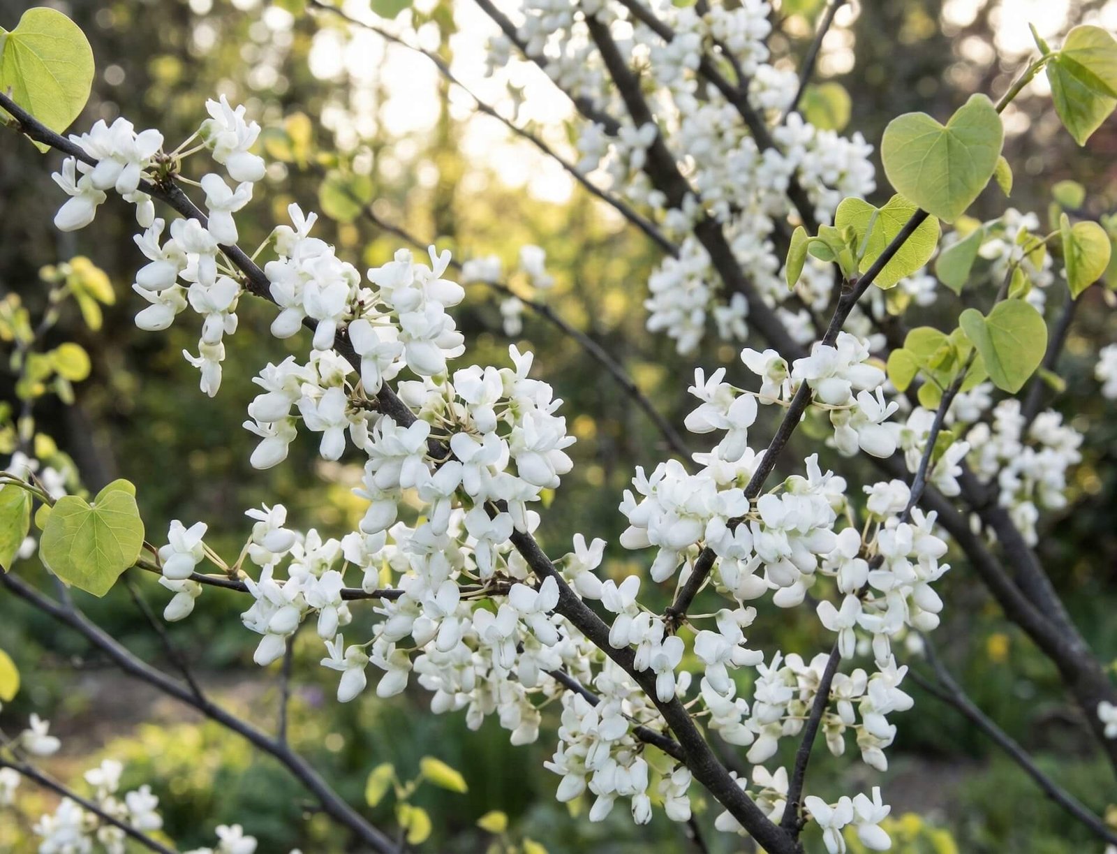 Balti cerkio 'Shirobana' žiedai ant plikos šakos