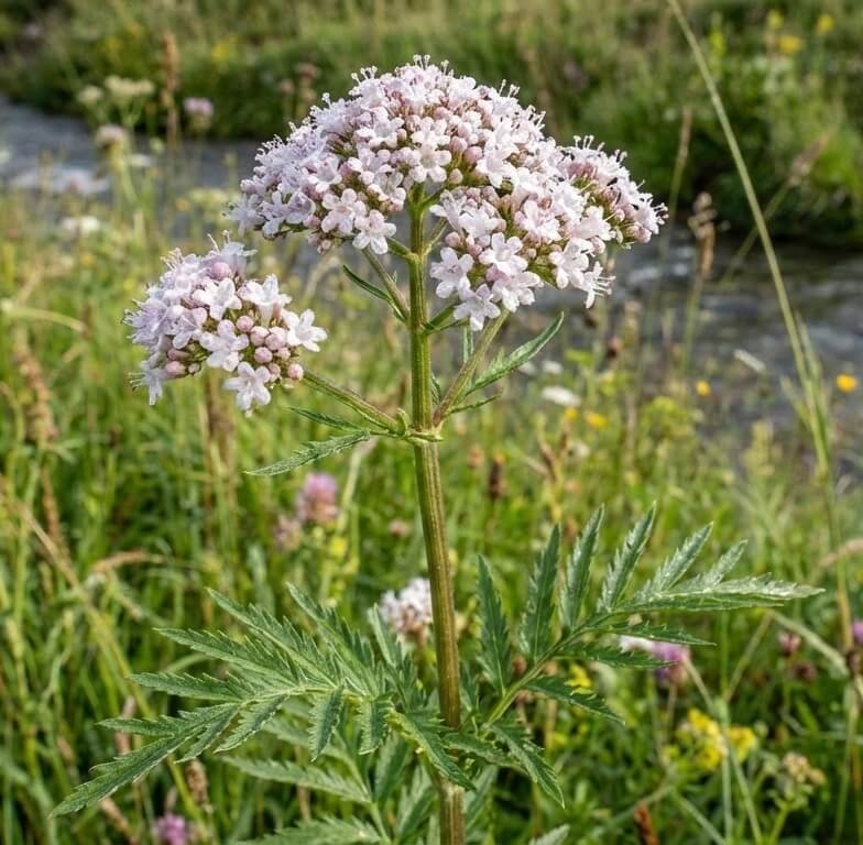 Baltas, skėtiškas valerijono žiedynas