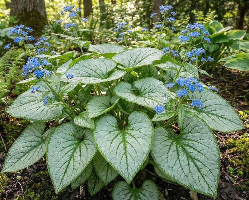 Sidabriniai bruneros 'Jack Frost' lapai su žaliomis gyslomis