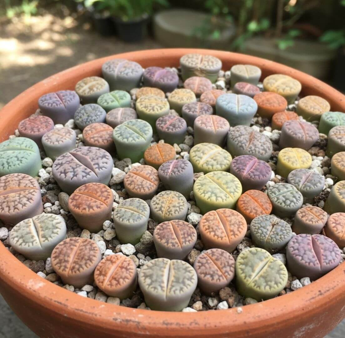 Grupė litopsių, primenančių spalvotus akmenis