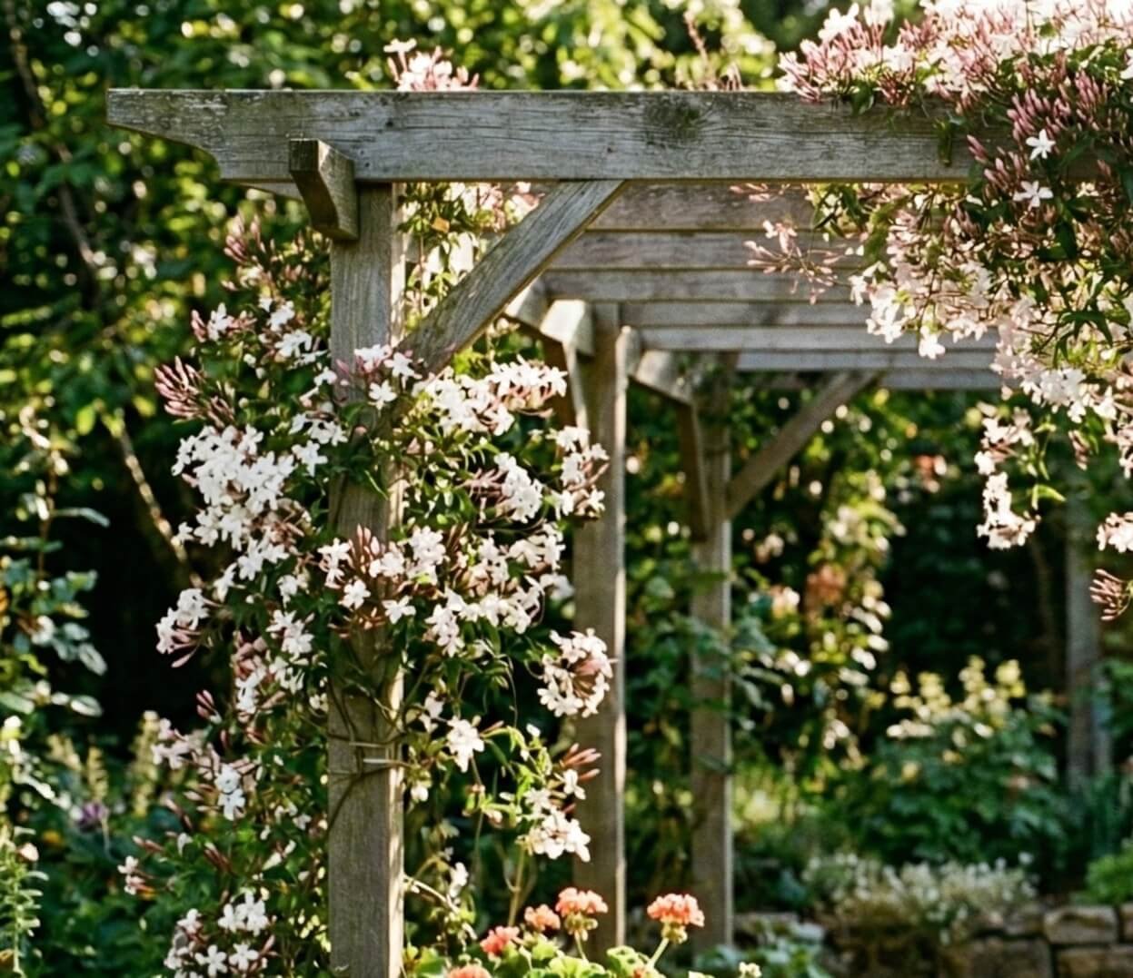 Balti, kvapnūs jazminaičio žiedai su rožiniais pumpurais