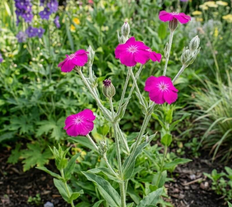 Ryškiai purpurinis gaisrenos žiedas ant sidabriško stiebo