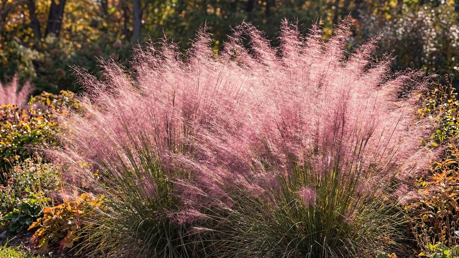 Purūs rožiniai miglonės (Muhlenbergia capillaris) žiedynai rudeniniame sode