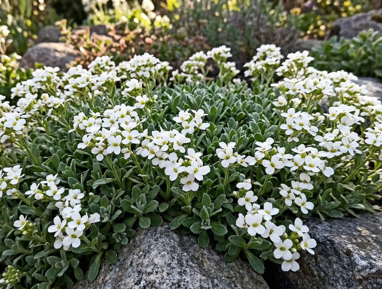 Baltas kaukazinio vaistučio žiedų kilimas