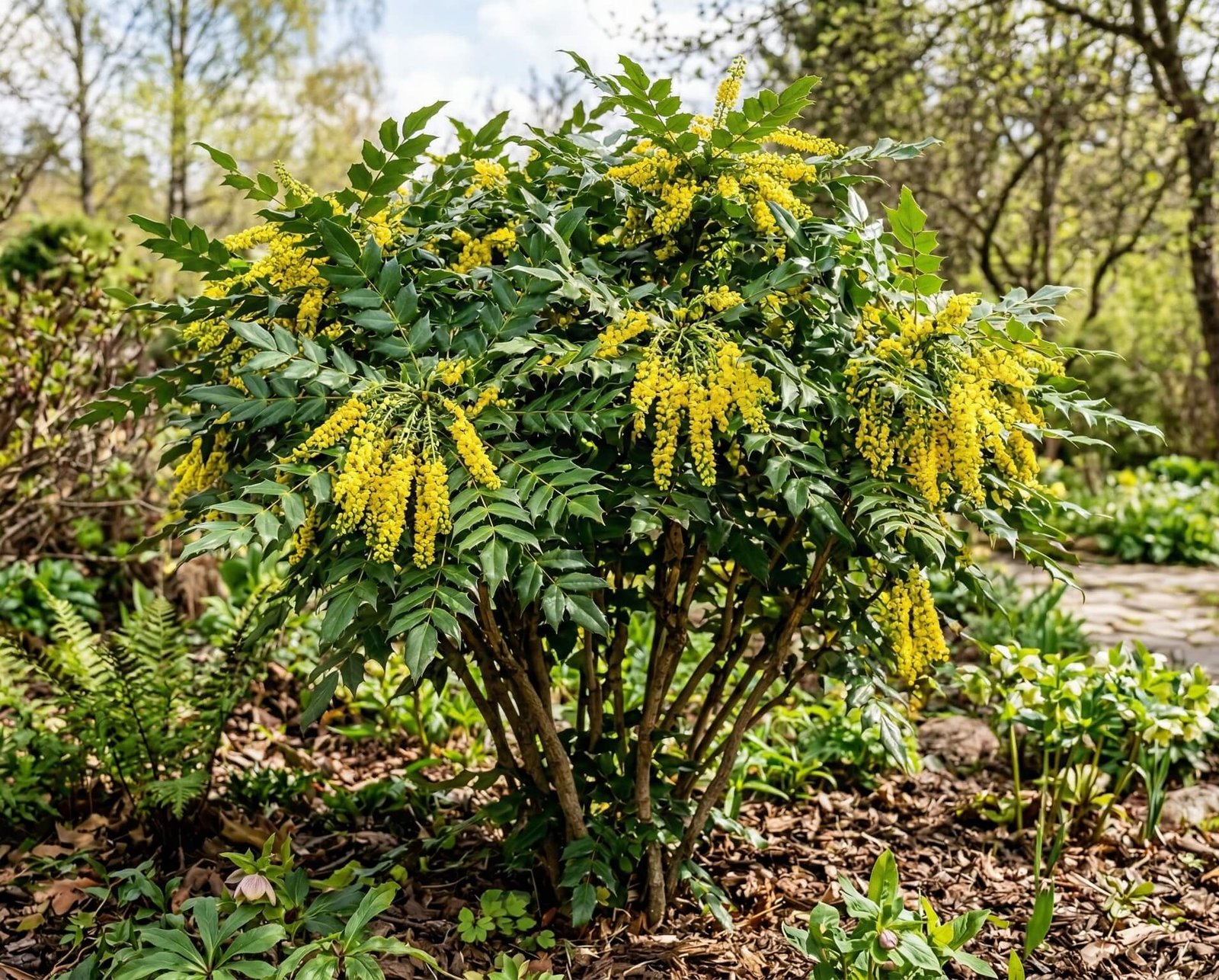 Geltoni japoninės mahonijos (Mahonia japonica) žiedai ir žali lapai