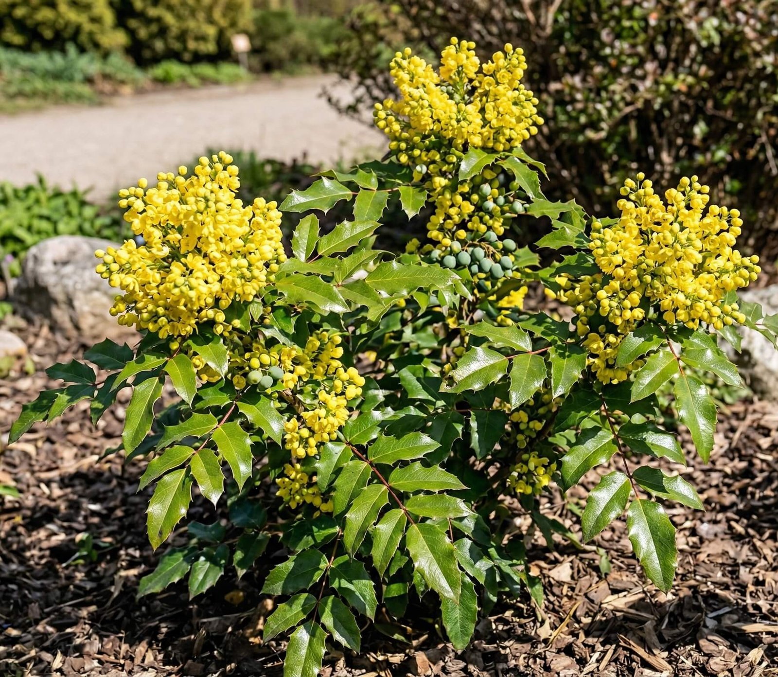 Geltoni dyglialapės mahonijos (Mahonia aquifolium) žiedai pavasarį