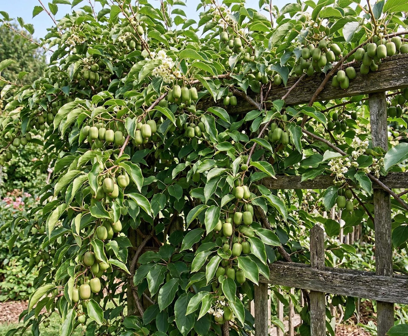 Žalios smailialapės aktinidijos (Actinidia arguta) uogos ant šakos