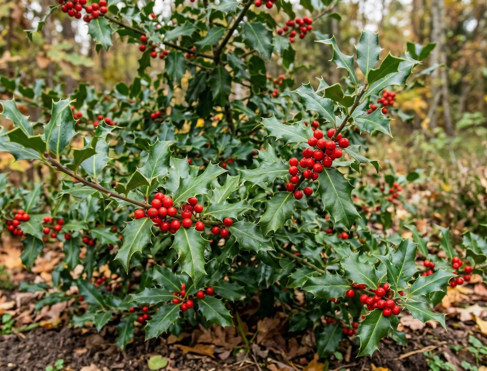 Tamsiai žali bugienio (Ilex) lapai ir ryškiai raudonos uogos