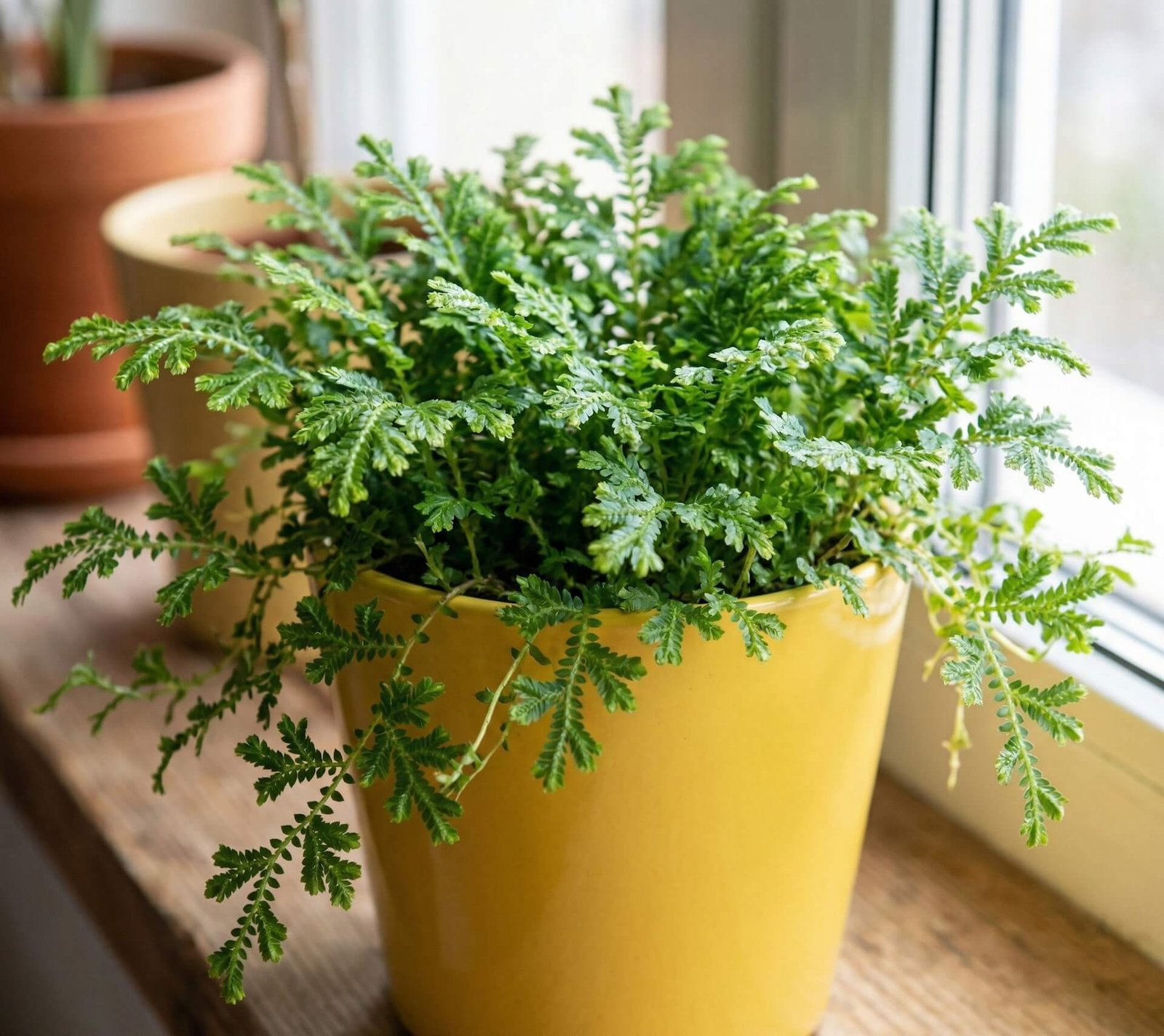 Tankūs ir žali Martenso selaginelės (Selaginella martensii) lapeliai vazone