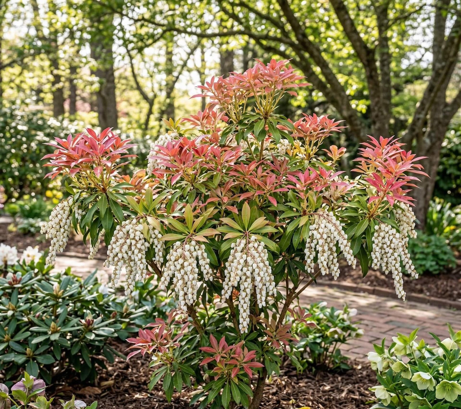 Balti bereinučio japoninio (Pieris japonica) žiedai ir raudoni jauni lapai