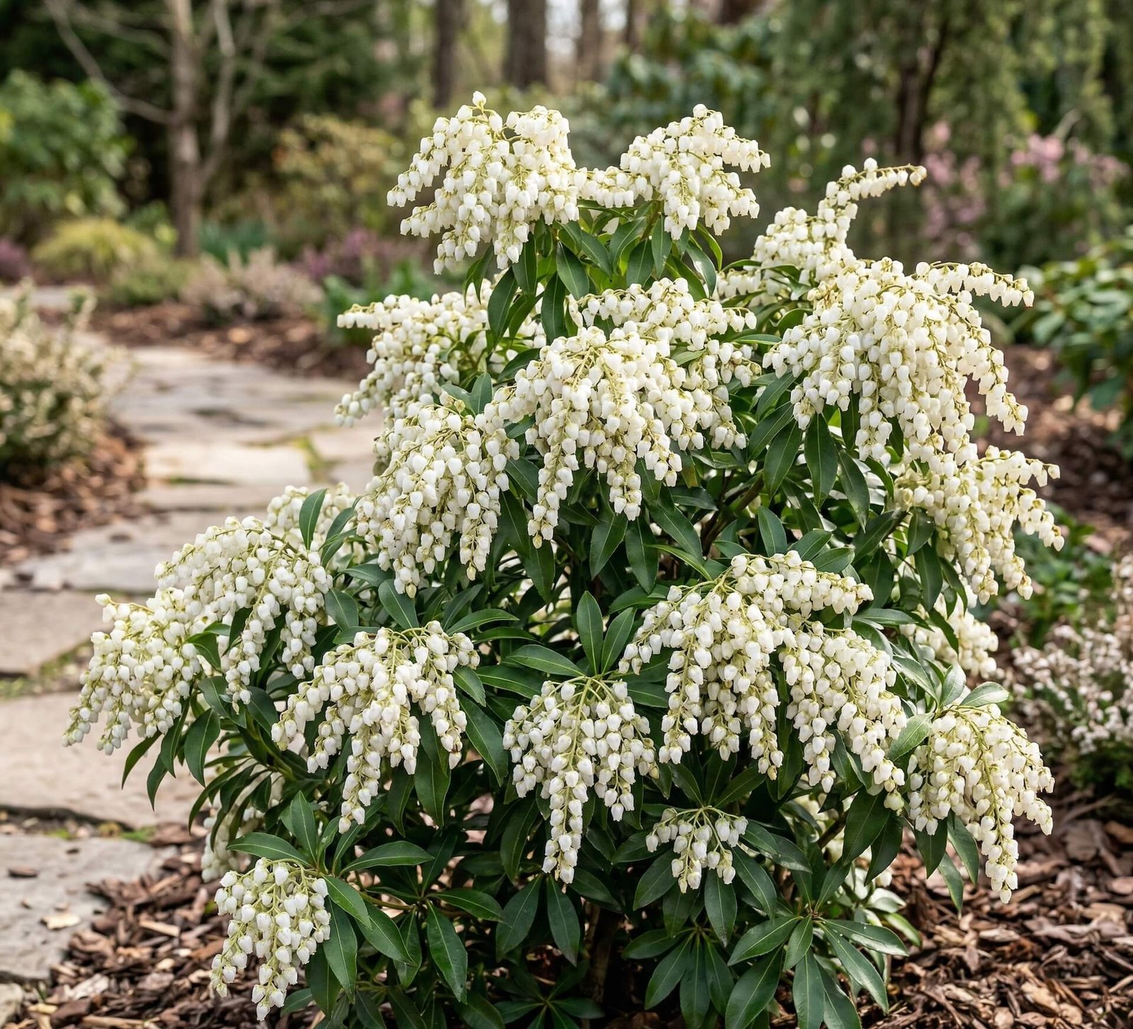 Balti nykštukinio bereinučio (Pieris japonica 'Debutante') žiedai ir žali lapai