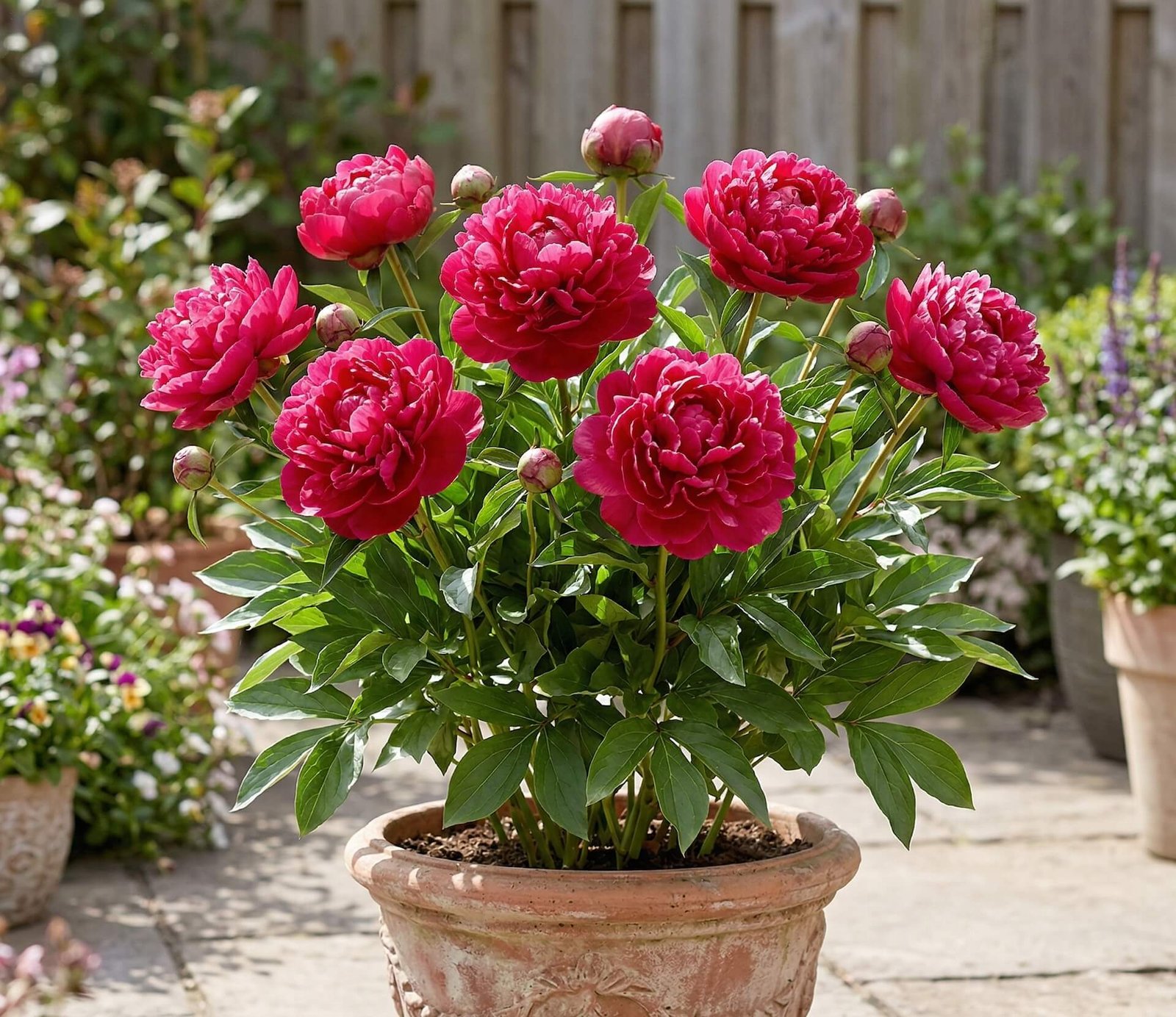 Tamsiai rožiniai kompaktiško patio bijūno (Paeonia patio London) žiedai vazone
