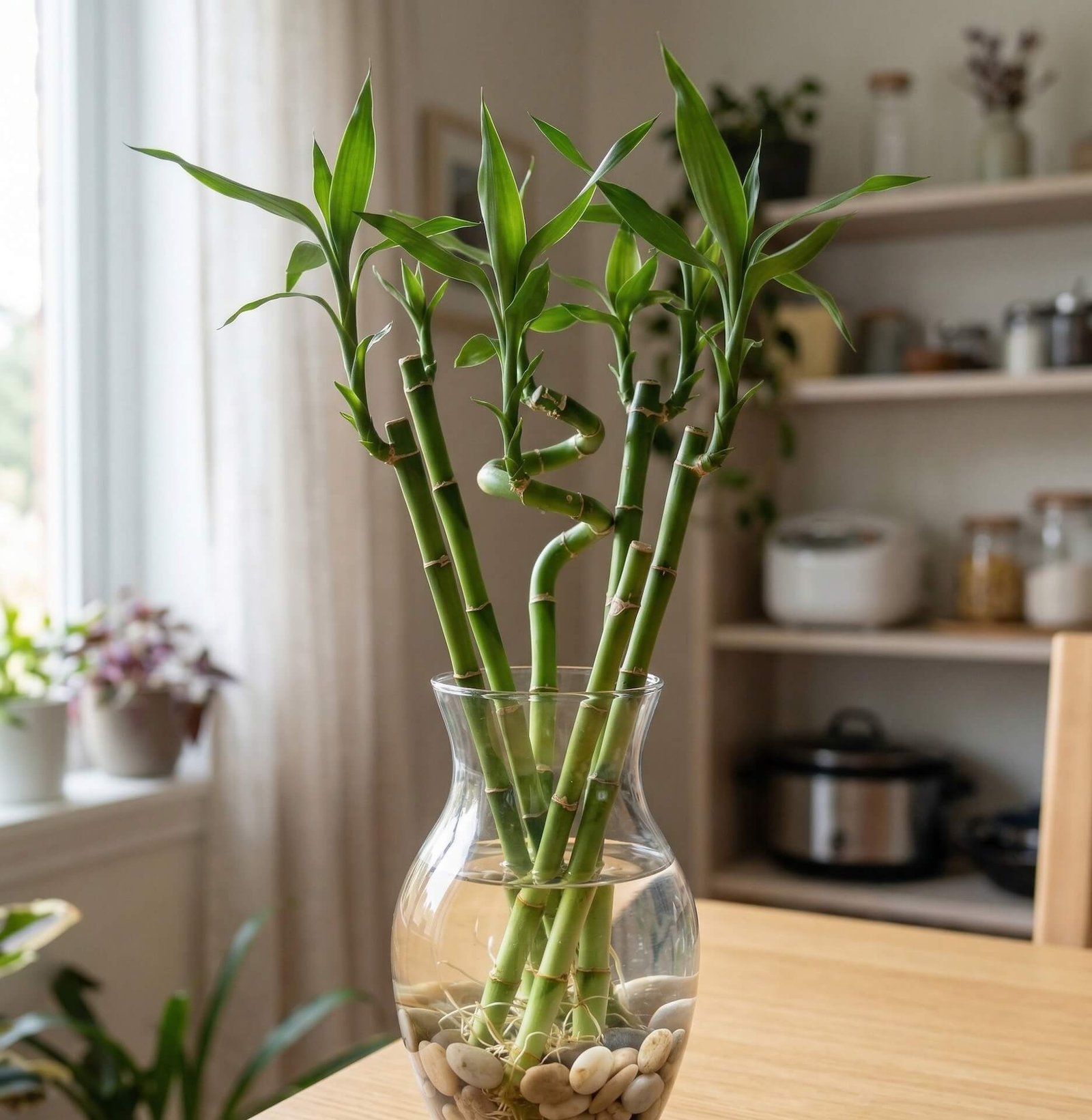 Žali blyškiosios dracenos (Dracaena sanderiana) lapai ir stiebai