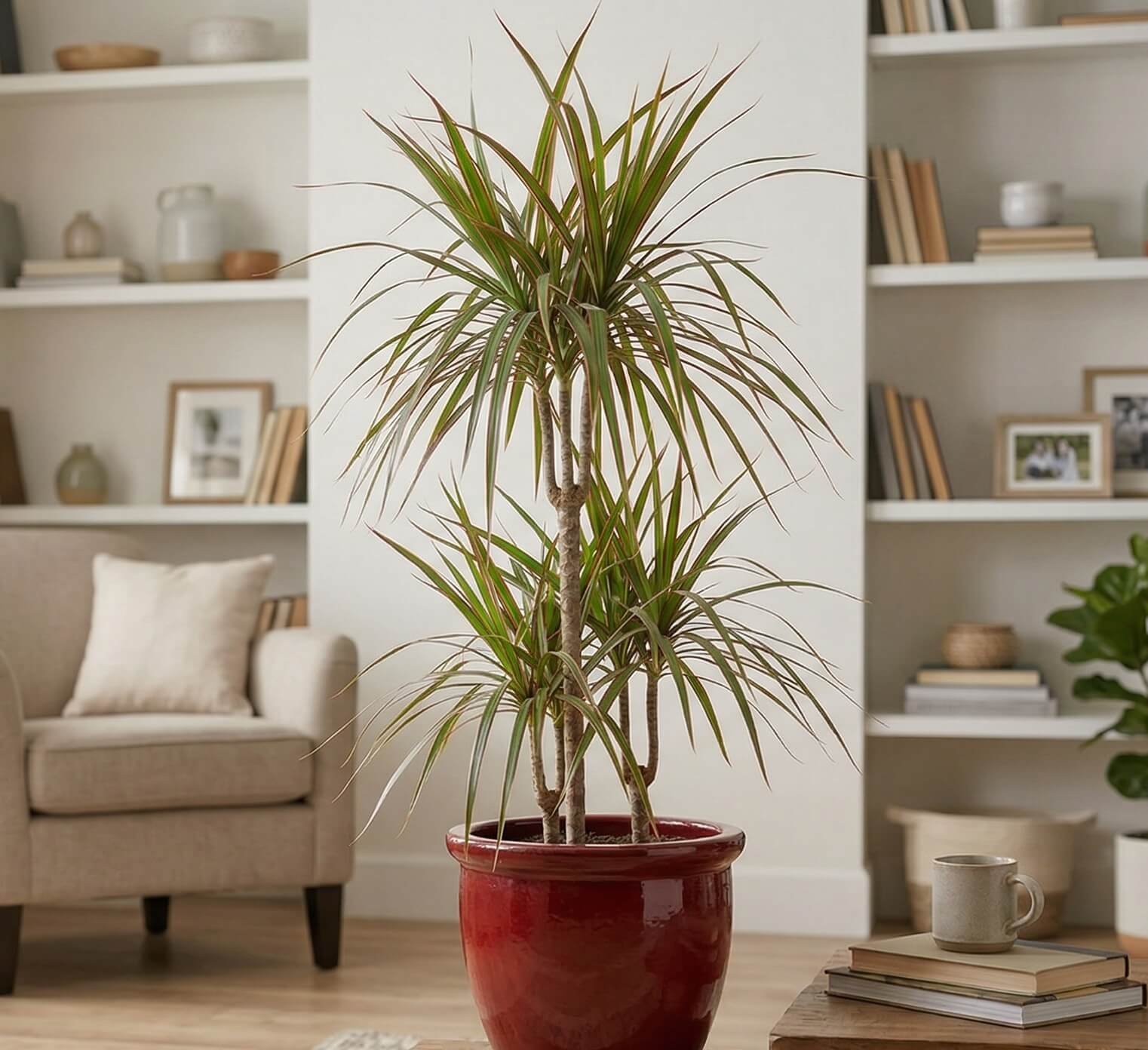 Ilgi siauri kraštuotosios dracenos (Dracaena marginata) lapai su raudonais kraštais