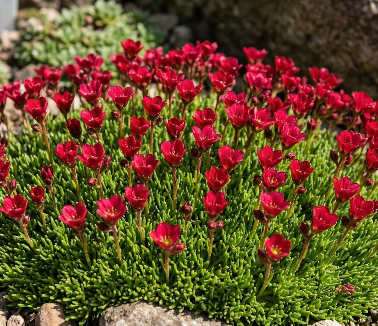 Tamsiai raudoni uolaskėlės (Saxifraga x arendsii Harder Zwerg) žiedai pavasarį alpinariume