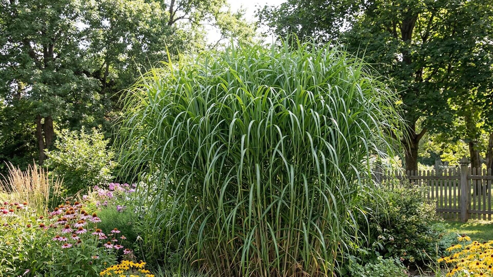 Aukšti, žali didžiojo miskanto (drambliažolės) stiebai ir lapai vasaros sode
