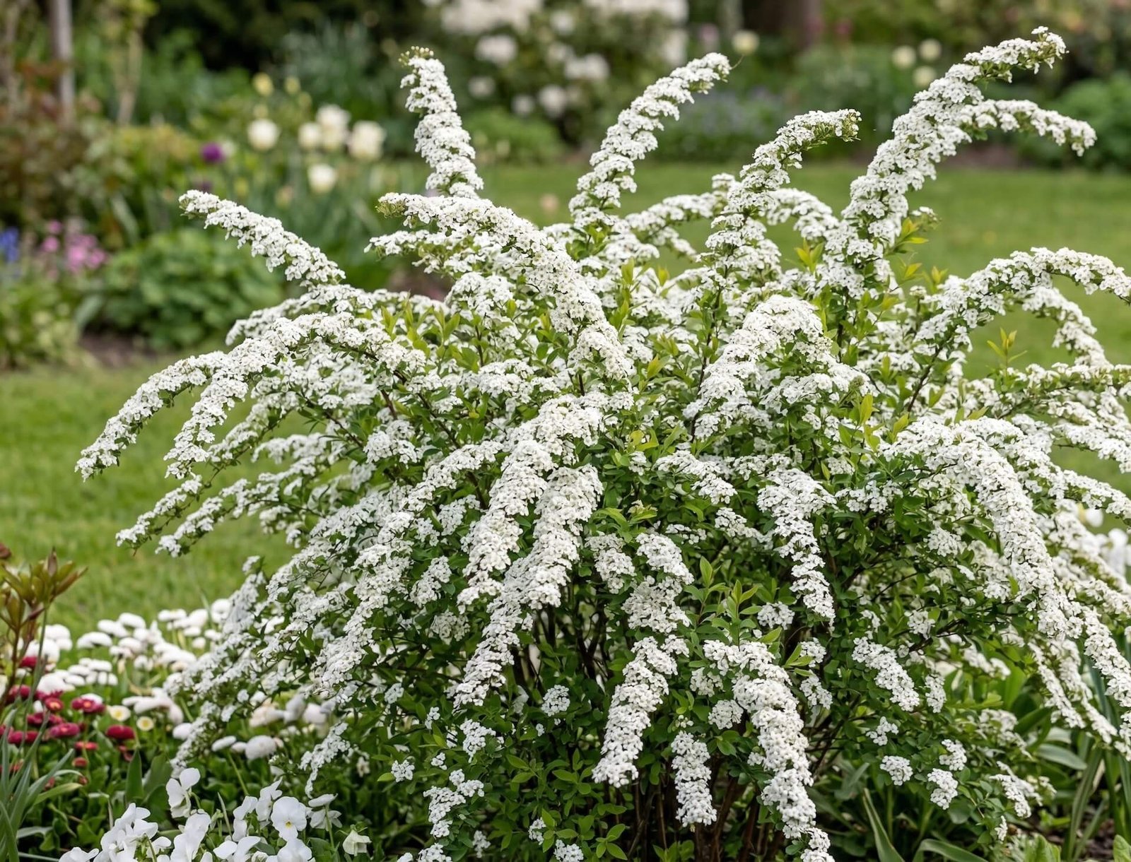 Balti svyrantys pilkosios lanksvos (Spiraea x cinerea) žiedai pavasarį