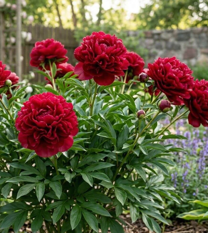 Didelis, pilnaviduris, raudonas 'Karl Rosenfield' bijūno žiedas