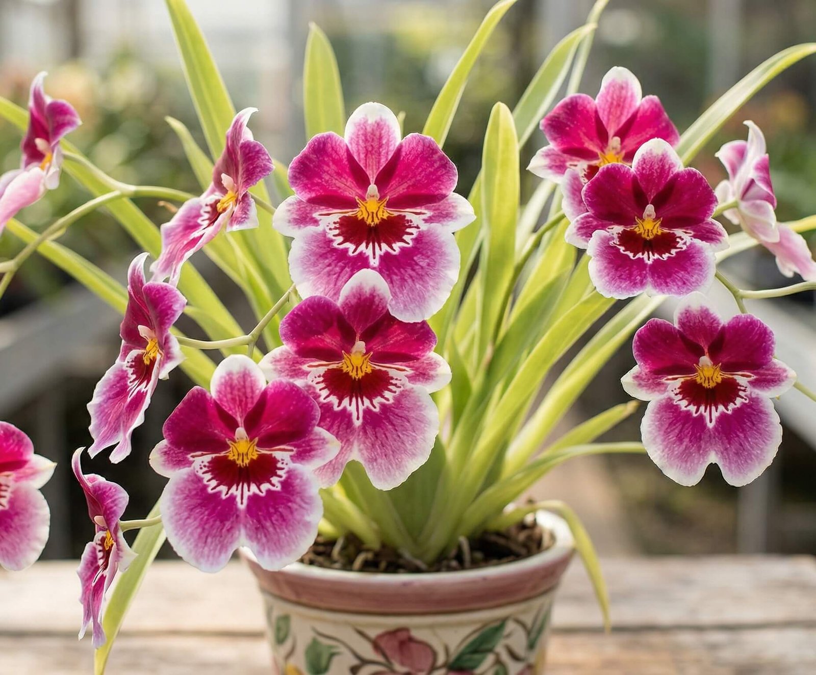 Ryškūs ir plokšti miltonijos (Miltonia) orchidėjos žiedai