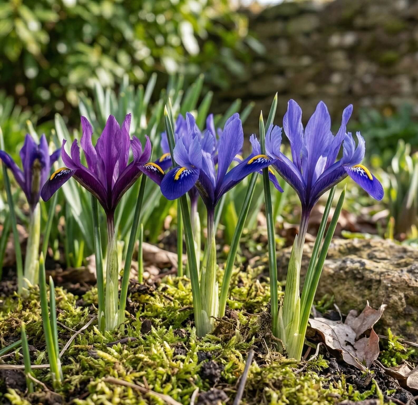 Mėlyni tinklinio vilkdalgio (Iris reticulata) žiedai pavasarį gėlyne