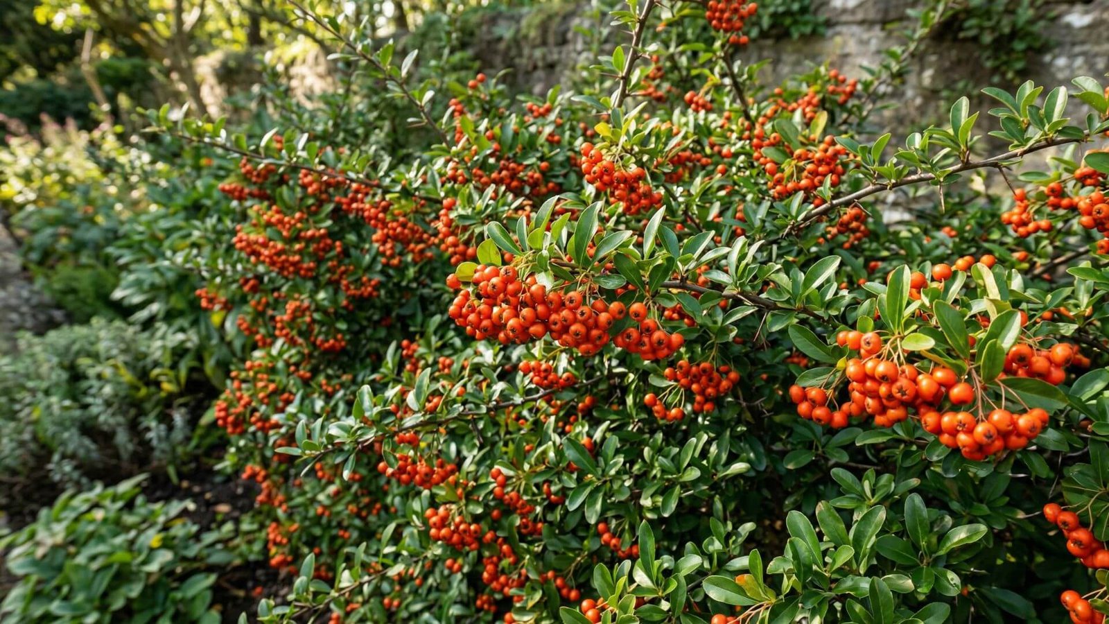 Oranžinės dyglainės (Pyracantha coccinea 'Kasan') uogos rudens sode
