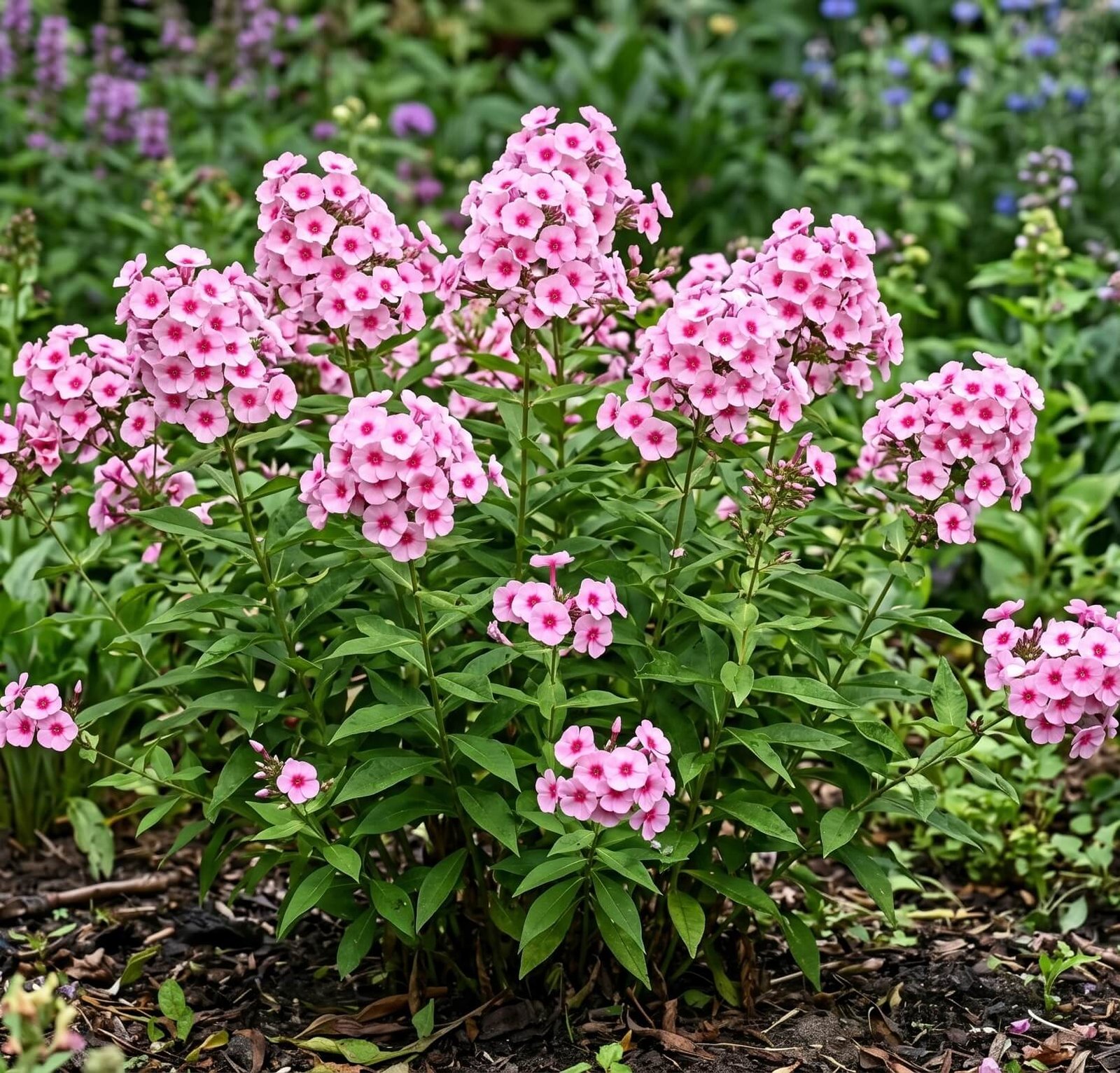 Rožiniai šluotelinio fliokso (Phlox paniculata Bright Eyes) žiedai su avietine akute