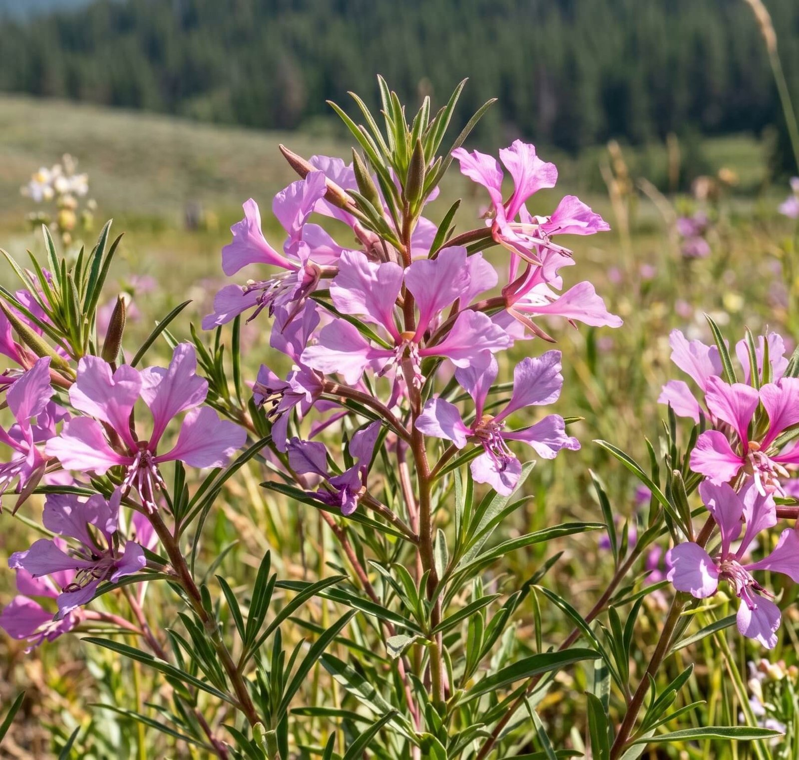 Ryškiai rožiniai puošniosios klarkijos (Clarkia pulchella) skiautėti žiedlapiai vasaros sode