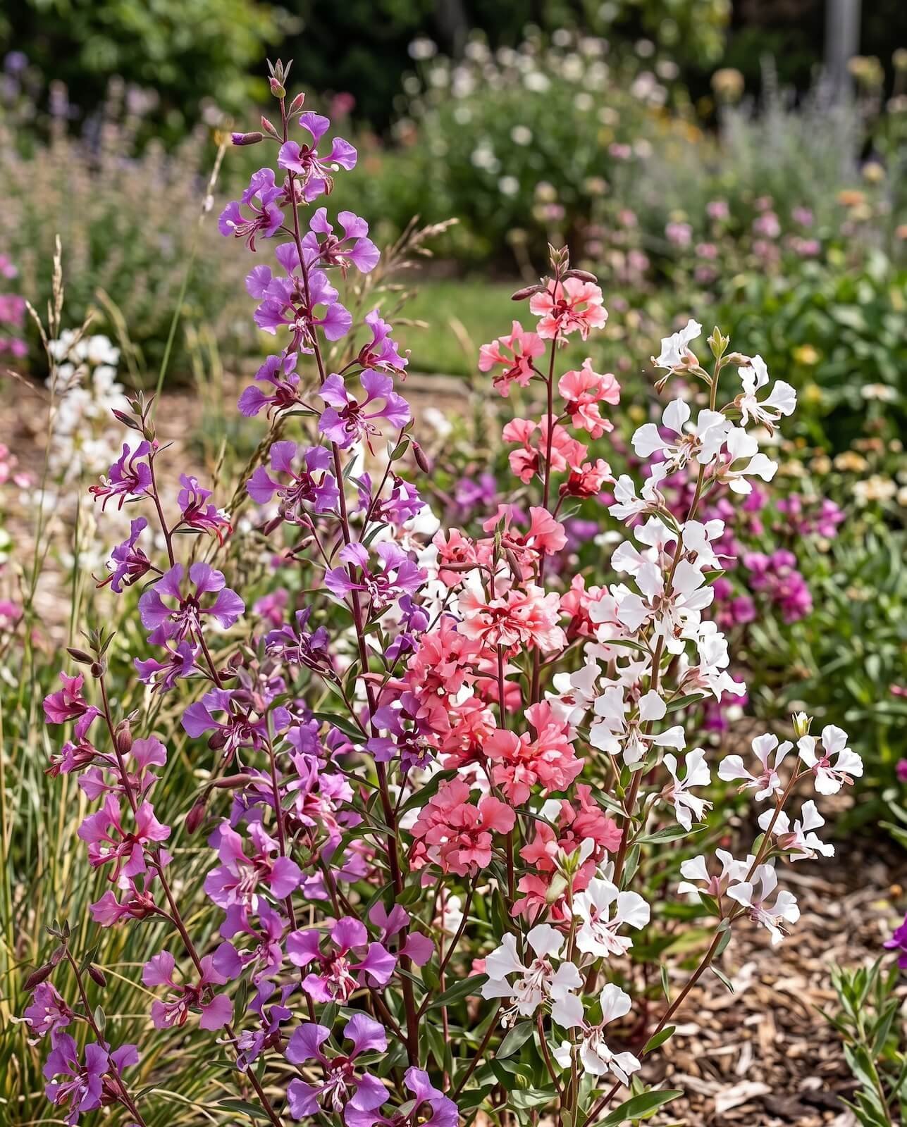 Aukšti rožiniai ir balti dailiosios klarkijos (Clarkia unguiculata) žiedai sode