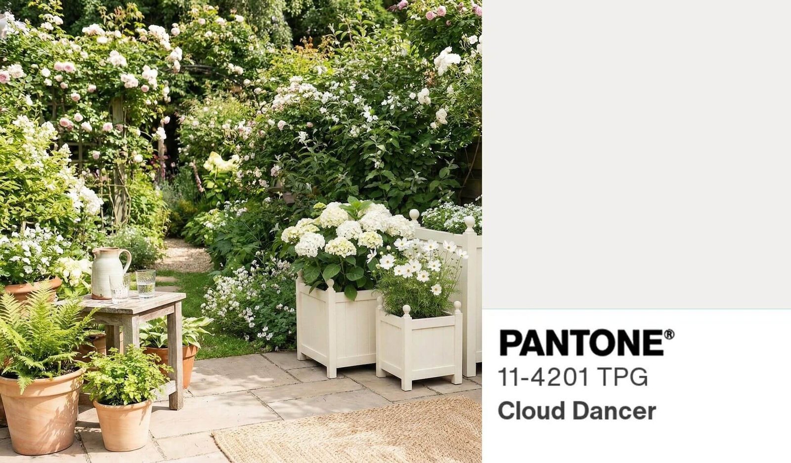 2026 Pantone spalva „Cloud Dancer“, idėjos madingam sodui